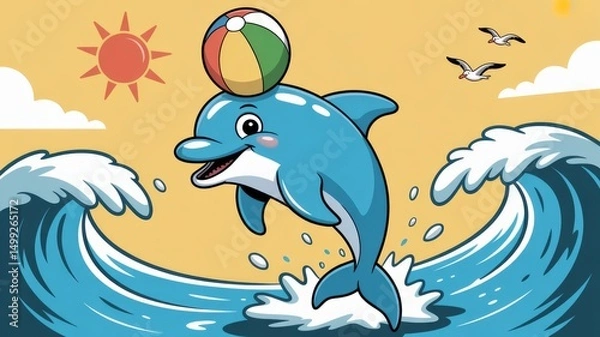 Fototapeta Cheerful Cartoon Dolphin Playing with Beach Ball in Summer Ocean Scene Generative AI

