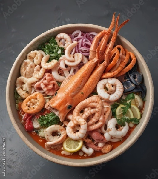 Fototapeta Colorful seafood bowl; fish & squid displayed artistically ,  appetizer,  presentation,  realistic