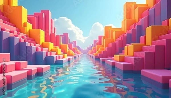 Fototapeta a brightly colored 3d rendering of a city with a rainbow of blocks,