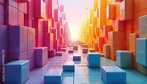 Fototapeta a brightly colored 3d rendering of a city with a rainbow of blocks,