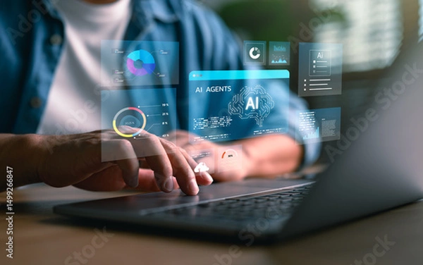 Obraz Artificial intelligence concept with AI agents and data analytics dashboard. Man working on laptop with futuristic interface for big data, machine learning, automation, and innovation.