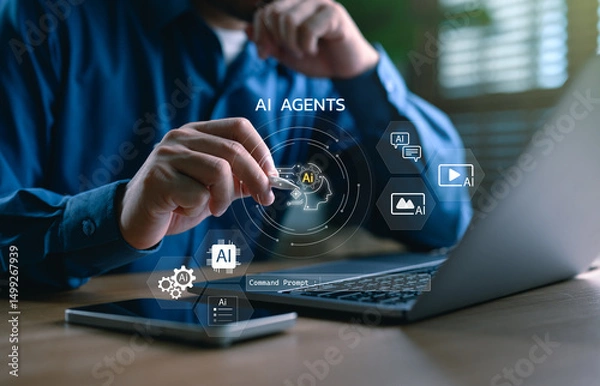 Fototapeta AI agents and intelligent assistant concept with command prompt interface. Man using stylus with laptop and tablet to control multi-modal AI tools for image, video, text, and automation tasks.
