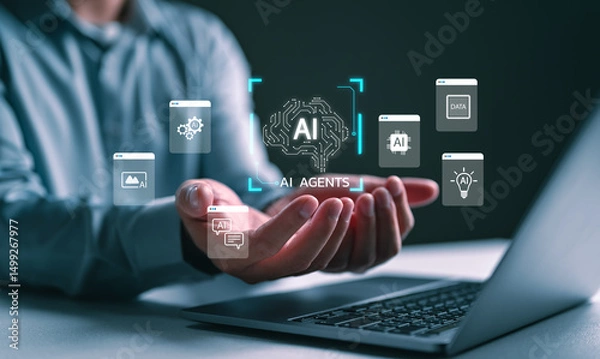 Obraz AI agents concept with multitasking digital tools. Man holding virtual icons of artificial intelligence features for automation, data processing, content generation, and smart digital operations.