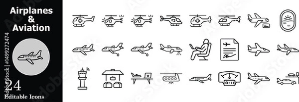 Fototapeta Aviation and airplane icons collection featuring helicopters airplanes airport scenes and flight related symbols providing a comprehensive vector set