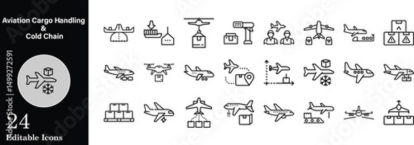 Fototapeta Set of line icons representing aviation cargo handling cold chain and global transportation logistics services editable minimalist outline