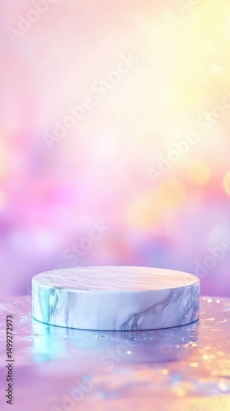 Fototapeta A vertical image of a glossy marble podium set against a dreamy, softly glowing holographic background. The setting is bathed in warm pastel hues—lavender, peach, pink, and soft yellow.