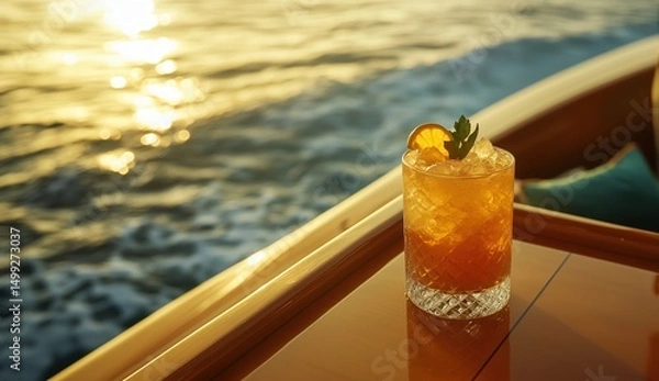 Fototapeta A refreshing cocktail in a cut-crystal glass, resting on the glossy wooden surface of a yacht. The drink is garnished with a citrus slice and a sprig of mint or parsley, served over crushed ice.