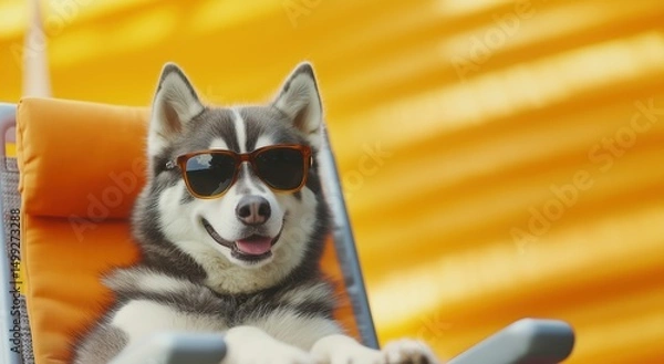 Fototapeta A relaxed Siberian Husky sitting comfortably in an orange lounge chair, wearing stylish sunglasses. The background is a vibrant, wavy yellow-orange surface that evokes a summery, warm atmosphere.