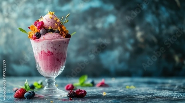 Fototapeta A beautifully styled dessert glass filled with pink ice cream or frozen yogurt, artfully topped with vibrant edible flowers, fresh berries (such as blueberries, raspberries, and blackberries).