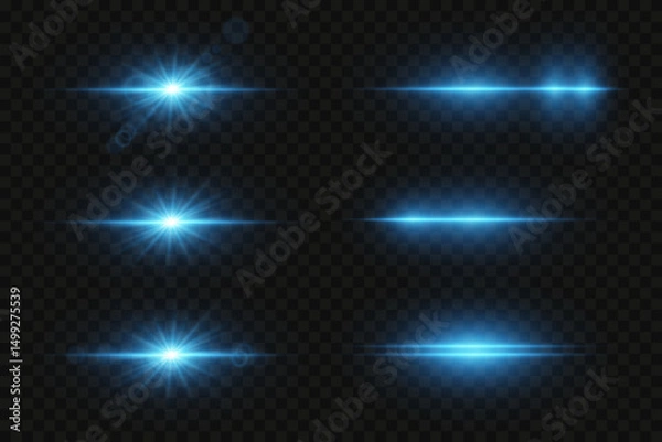 Fototapeta Set of glowing horizontal highlights. Effects of glare and blue lenses. On a transparent background