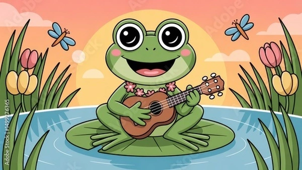 Fototapeta Cute Cartoon Frog Playing Ukulele on Lily Pad at Sunset Generative AI