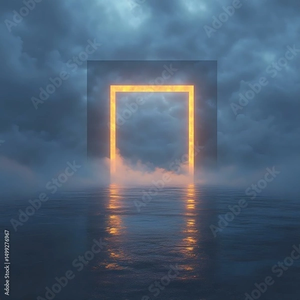 Fototapeta An ethereal scene featuring a glowing portal surrounded by mist and clouds, reflecting on a calm water surface, evoking mystery and imagination.
