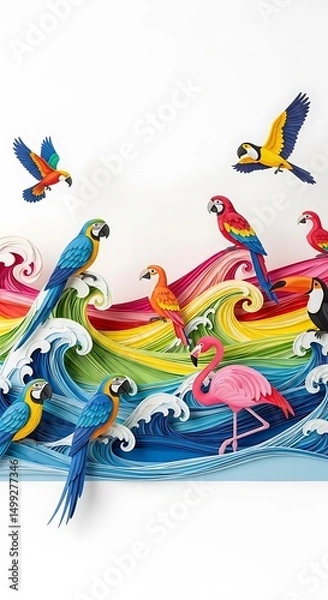 Fototapeta Colorful parrots flamingos toucan art paper quilling waves vibrant tropical birds illustration design decor 3d art