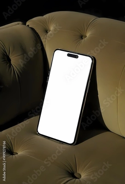 Fototapeta Mobile phone resting on the couch with a modern design and clear screen