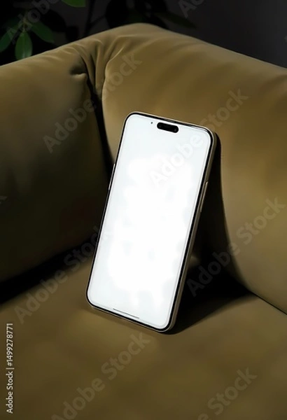 Fototapeta Mobile phone resting on the couch with a modern design and clear screen