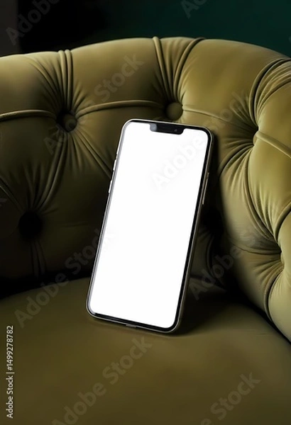 Fototapeta Mobile phone resting on the couch with a modern design and clear screen