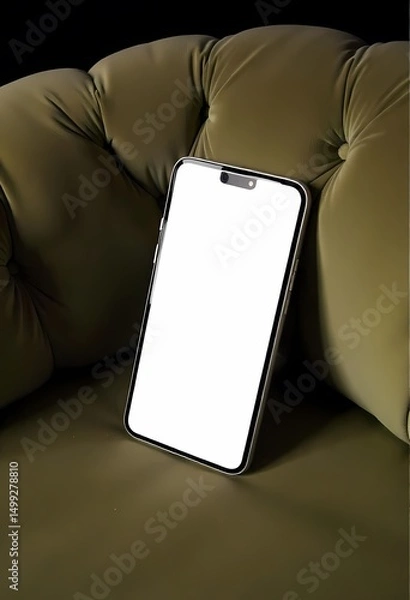 Fototapeta Mobile phone resting on the couch with a modern design and clear screen