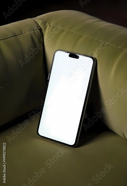Fototapeta Mobile phone resting on the couch with a modern design and clear screen