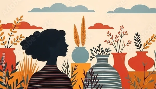 Fototapeta Silhouette of a woman in a floral dress holding a wine bottle and glass, with a vintage party vibe, surrounded by nature and summer elements, in a stylish and artistic vector illustration