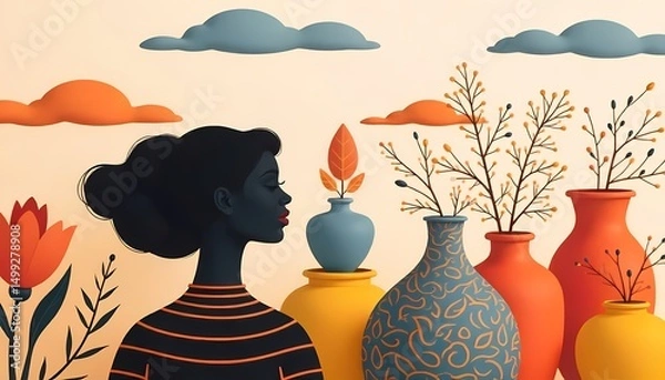 Fototapeta Silhouette of a woman in a floral dress holding a wine bottle and glass, with a vintage party vibe, surrounded by nature and summer elements, in a stylish and artistic vector illustration