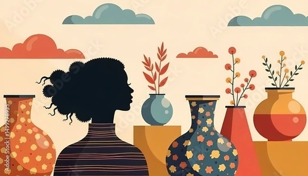 Fototapeta Silhouette of a woman in a floral dress holding a wine bottle and glass, with a vintage party vibe, surrounded by nature and summer elements, in a stylish and artistic vector illustration