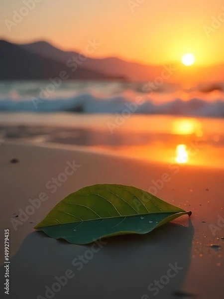 Fototapeta Autumn leaves on a mountain with colorful trees, a calm lake, and a vibrant sky during sunrise or sunset