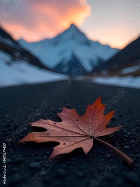 Fototapeta Autumn leaves on a mountain with colorful trees, a calm lake, and a vibrant sky during sunrise or sunset