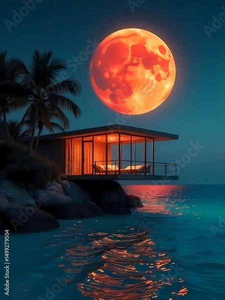 Fototapeta Beautiful tropical sunset over the ocean with a peaceful beach, palm trees, and clear skies