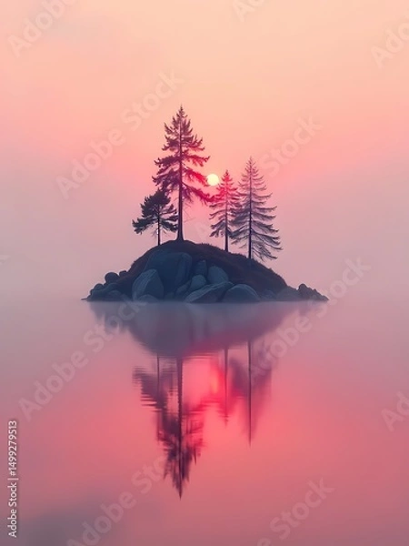 Fototapeta Beautiful night landscape with a moonlit sky, tree, and calm water reflecting the stars and clouds