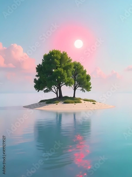 Fototapeta Beautiful night landscape with a moonlit sky, tree, and calm water reflecting the stars and clouds