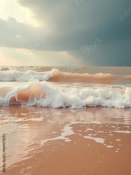 Fototapeta Sunset view over the ocean waves at the beach during a calm summer evening