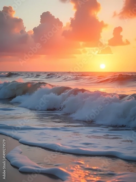 Fototapeta Sunset view over the ocean waves at the beach during a calm summer evening