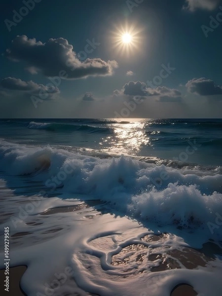 Fototapeta Sunset view over the ocean waves at the beach during a calm summer evening
