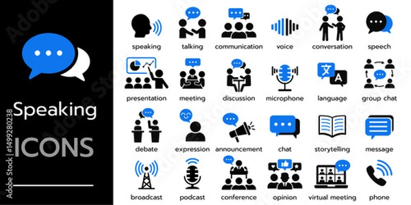 Fototapeta Speaking icon set. Communication icons collection. speech bubble, talking, podcast, presentation and conversation icon vector illustration.