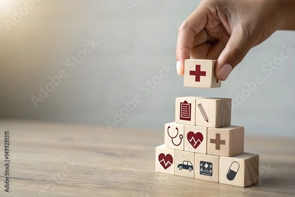 Obraz A hand places a wooden block on top of a stack of other blocks, each showing a different health related icon.