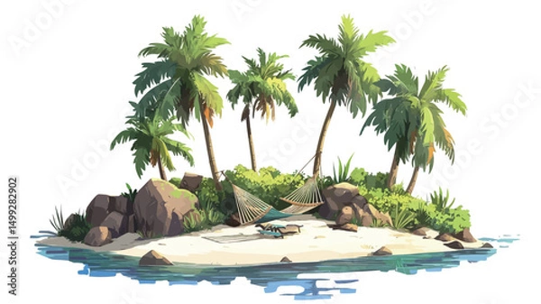Fototapeta A digital illustration depicting a small tropical island. The image features several stylized palm trees with vibrant green foliage, set against a backdrop of light blue water. The island itself