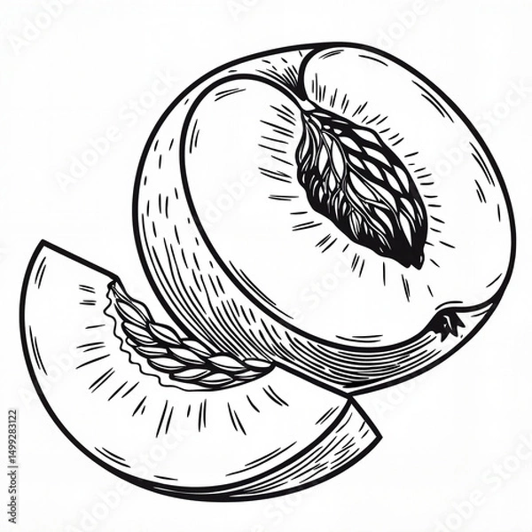 Obraz Peach in detailed pencil illustration style in black and white representing organic summer fruit and vintage botanical art