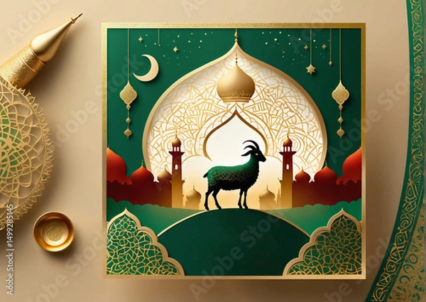 Obraz Elegant Islamic Calligraphy Art Featuring Mosque and Crescent Moon