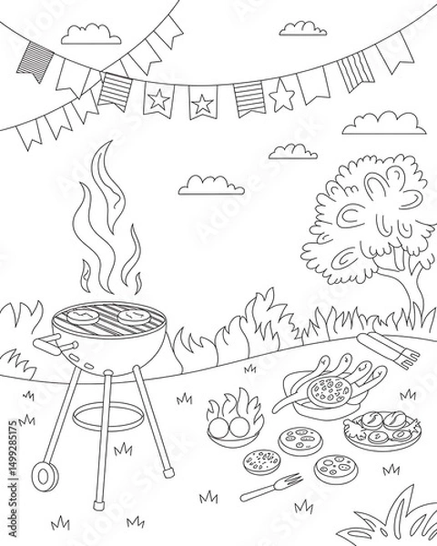 Obraz Black and white illustration of a barbecue scene with grilling food and decorative bunting perfect for 4th of july celebrations.