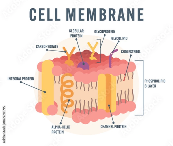 Fototapeta Cell Membrane Structure scheme Educational Illustration Showing Phospholipid Bilayer Glycoprotein Glycolipid Cholesterol Cytoplasmic Membrane Biology labelled Diagram Flat Style modern colorful Vector