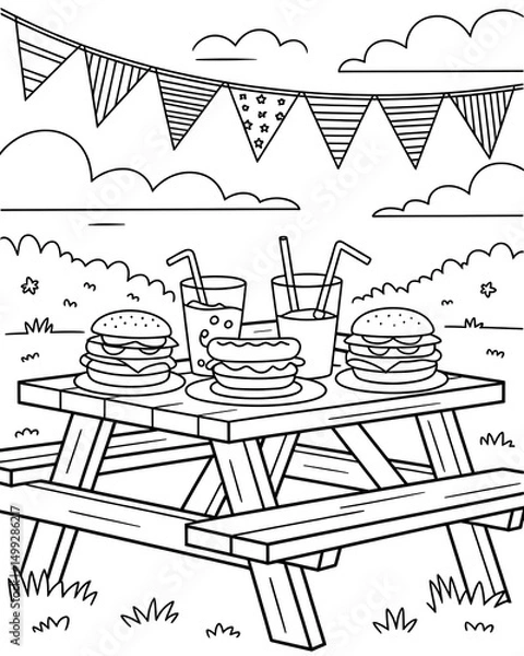 Obraz Black and white picnic scene featuring burgers hotdogs drinks and festive bunting with clouds and grassy areas perfect for coloring pages.