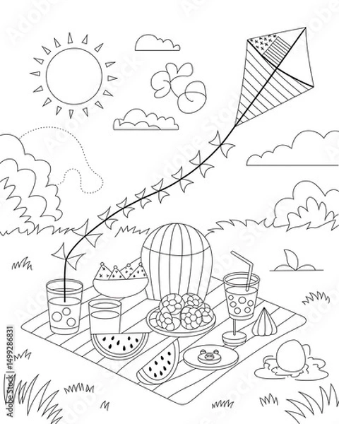 Obraz A cheerful outline illustration of a picnic scene with a kite flying on a sunny summer day perfect for coloring.