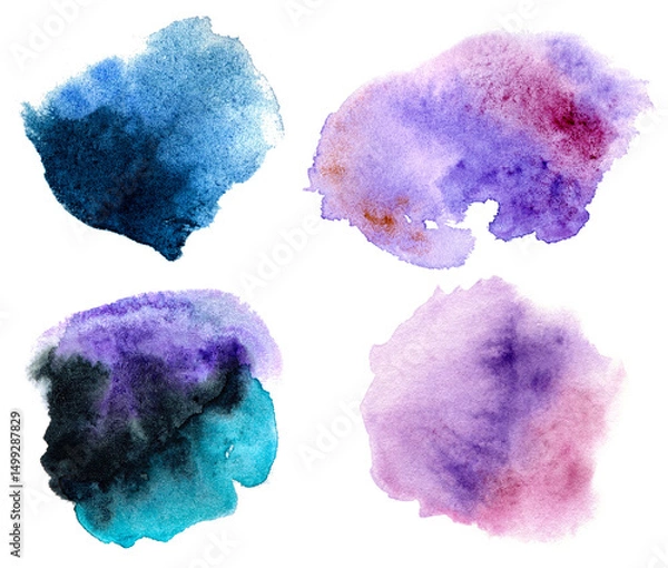Fototapeta Watercolor Violet and Turquoise Abstract Stains Set, Artistic Watercolor Spots