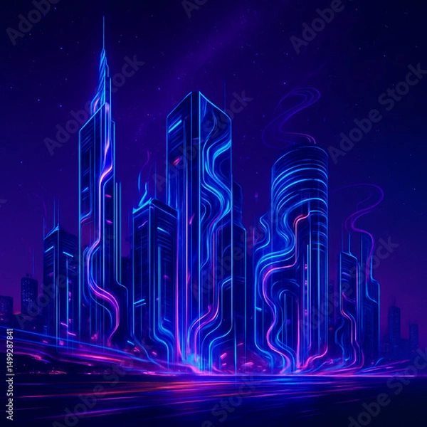 Obraz "Futuristic City Skyline Morphing into Circuit Traces | Night Techscape with Glowing PCB Lines and Matte Gradient Base"