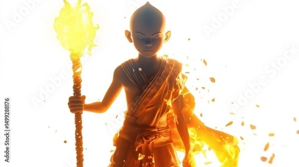 Fototapeta A young, bald monk, clad in ochre robes, holds a burning torch.  His form partially dissolves into fiery particles against a bright white backdrop; a powerful, mystical image