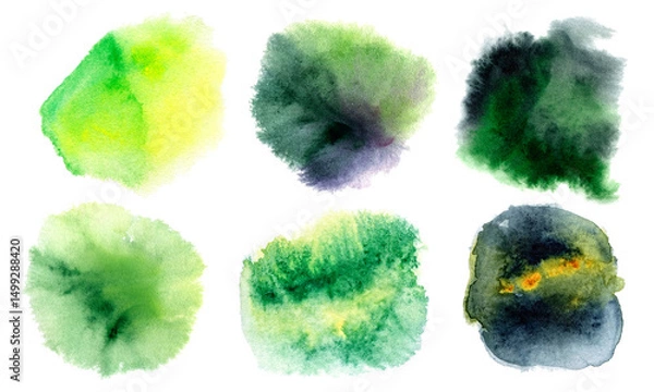 Fototapeta Watercolor Green and Blue Abstract Stains Set, Artistic Brush Strokes