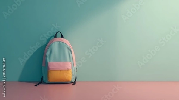 Obraz A vibrant backpack with pink and yellow accents stands alone against a soft pastel wall, creating a stylish and serene atmosphere