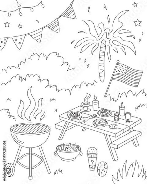 Fototapeta Hand drawn illustration of a festive 4th of july celebration with a picnic table barbecue and fireworks.