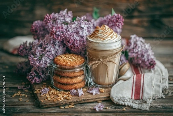 Obraz A warm drink topped with whipped cream sits beside cookies, nestled among vibrant lilac blossoms on a rustic wooden surface