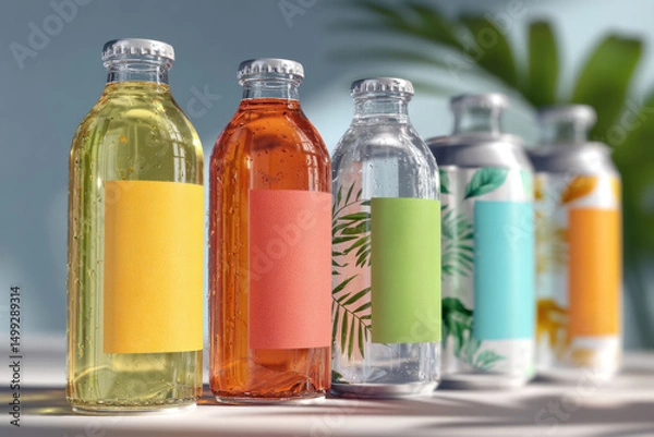 Obraz Stylish beverage bottles in different colors and designs are arranged neatly on a table under soft lighting with green foliage in the background